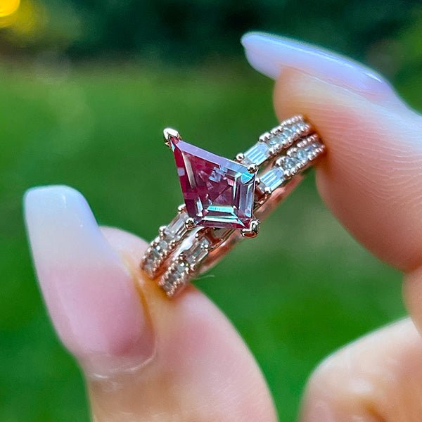 Cut Diamond Ring Euro Shank Band Kite Alexandrite Ring Set Euro