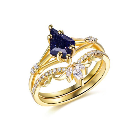 Kite Cut Blue Sandstone Marquise Moissanite Leaf Bridal Set,14K Gold/Silver