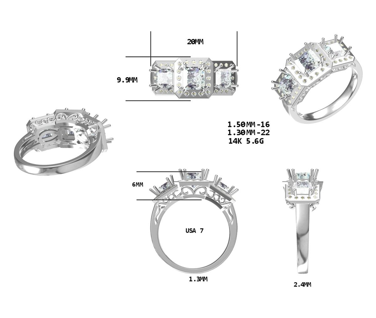 Lynn- 3-Stone Princess Diamond Engagement Setting 14K White Gold - Lord of Gem Rings