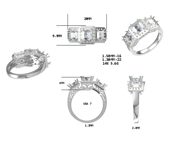 Lynn- 3-Stone Princess Diamond Engagement Setting 14K White Gold