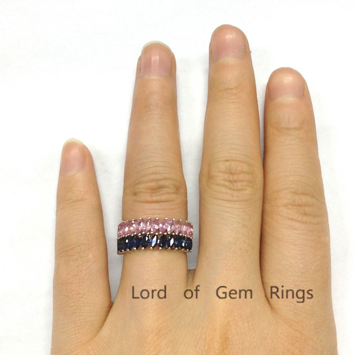 Marquise Blue and Pink Sapphire Slanted September Birthstone Band Set - Lord of Gem Rings