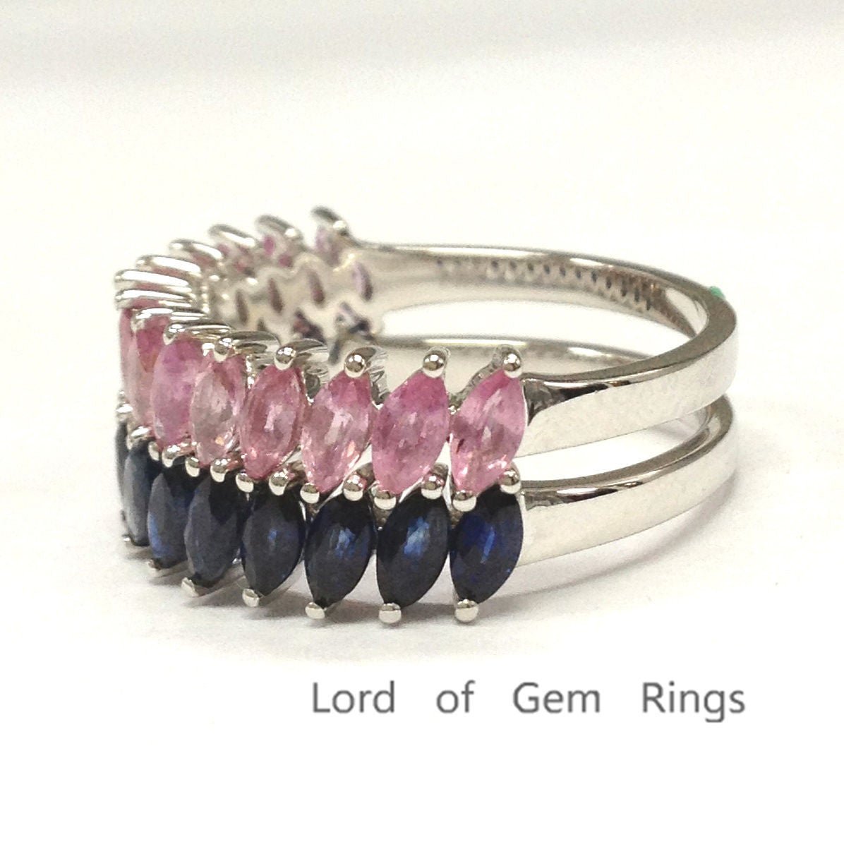 Marquise Blue and Pink Sapphire Slanted September Birthstone Band Set - Lord of Gem Rings