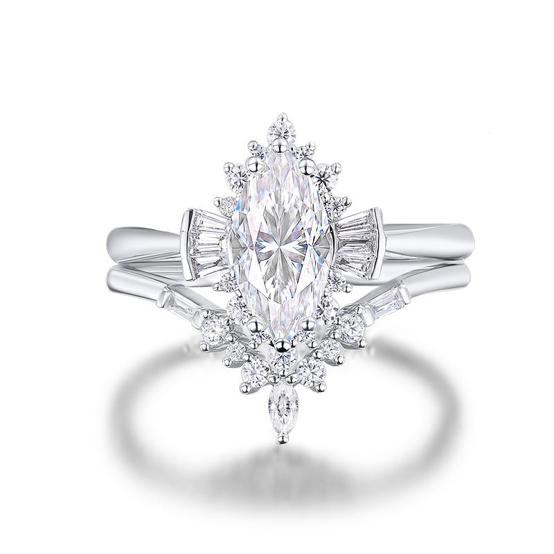 Marquise Moissanite Engagement Ring with Contour Wedding Ring 14K White Gold - Lord of Gem Rings