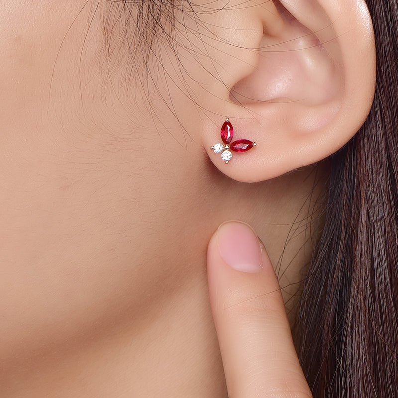 Marquise Pigeon Blood Ruby Diamond Stud Earrings 14K Gold - Lord of Gem Rings