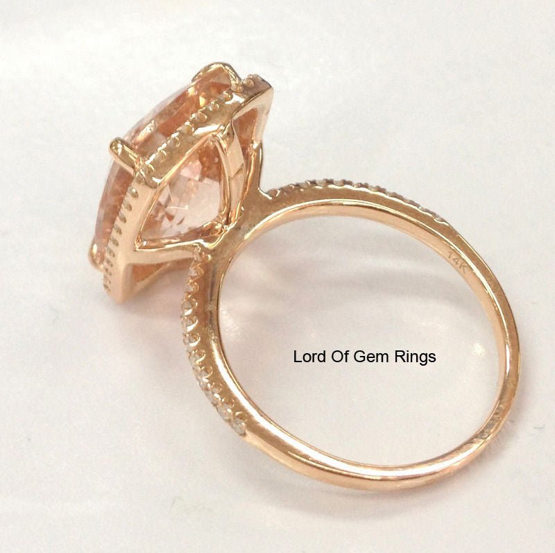 Min. 5ct Cushion Morganite Ring Diamond Halo in 14K Gold - Lord of Gem Rings
