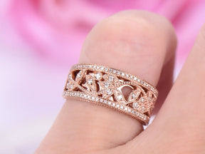 Moissanite Milgrain Leaf Wedding Ring 14K Rose Gold - Lord of Gem Rings