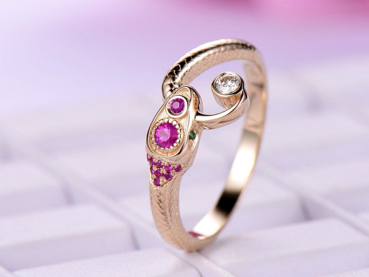 Moissanite Ruby Tsavorite Snake Ring Birthstone Band 14K Yellow Gold
