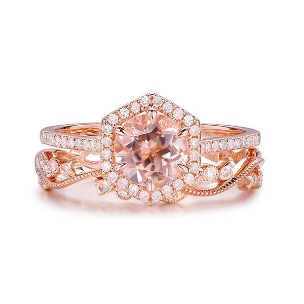 Morganite Diamond Ring & Floral Vintage Diamond Bridal Set 14K Rose Gold - Lord of Gem Rings