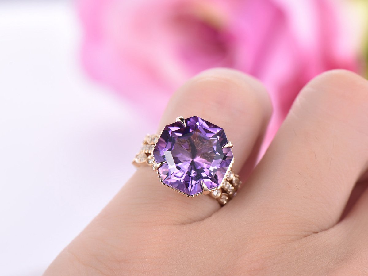 Octagonal Amethyst Ring Milgrain Under Gallery Trio Set with Art Deco Bands 14K Gold - Lord of Gem Rings