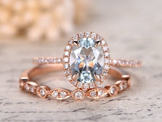 Oval Aquamarine Halo Ring Art Deco Diamond Band Bridal Set