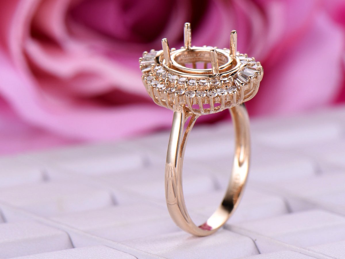 Oval Baguette Diamond Double Halo Setting Semi Mount Ring - Lord of Gem Rings