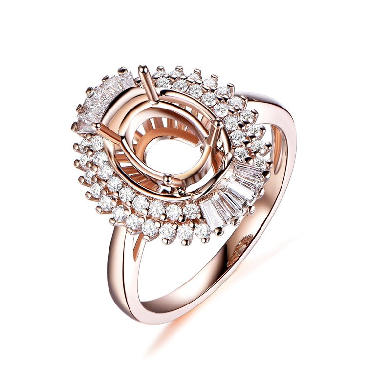 Baguette Diamond Double Halo Oval Semi Mount Ring 14K Gold Setting