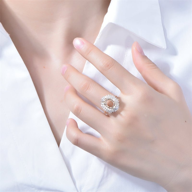 Oval Baguette Diamond Double Halo Setting Semi Mount Ring - Lord of Gem Rings