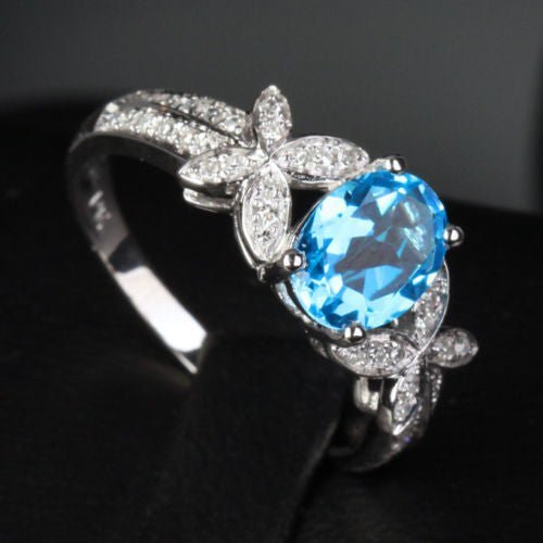 Oval Blue Topaz Diamond Butterfly Engagement Ring 14K White Gold - Lord of Gem Rings
