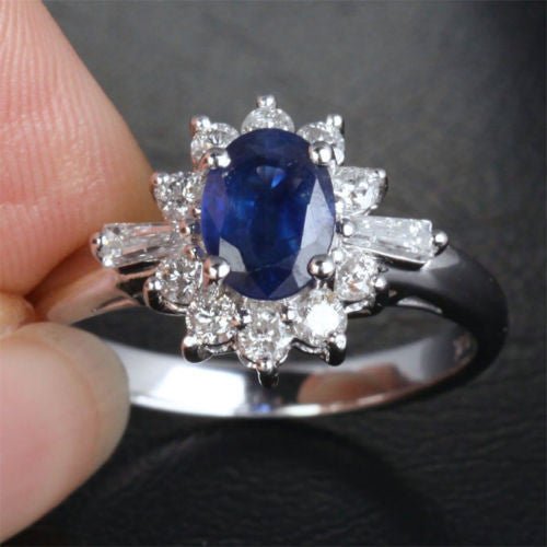 Oval Ceylon Blue Natural Sapphire Petal Halo Baguette Diamond Engagement Ring - Lord of Gem Rings