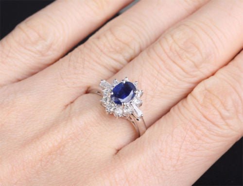 Oval Ceylon Blue Natural Sapphire Petal Halo Baguette Diamond Engagement Ring - Lord of Gem Rings