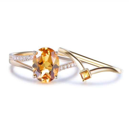 Oval Citrine and Diamond Bridal Set, 14K Gold/Silver