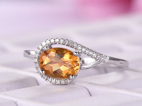 Oval Citrine Engagement Ring with Diamond Spiral Halo - Lord of Gem Rings