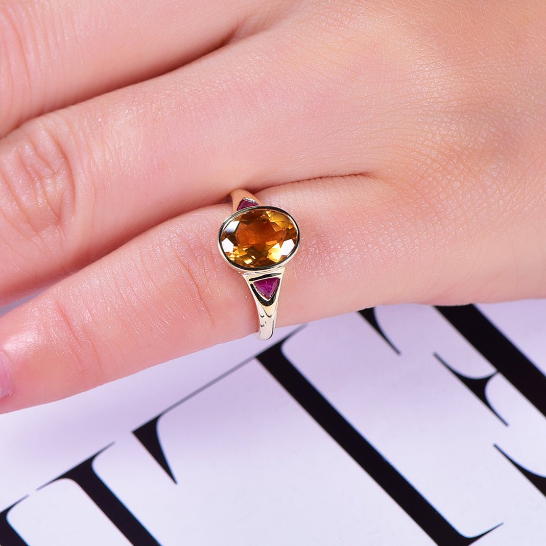 Oval Citrine Trillion Cut Ruby Engagement Ring, 14K Gold/Silver - Lord of Gem Rings
