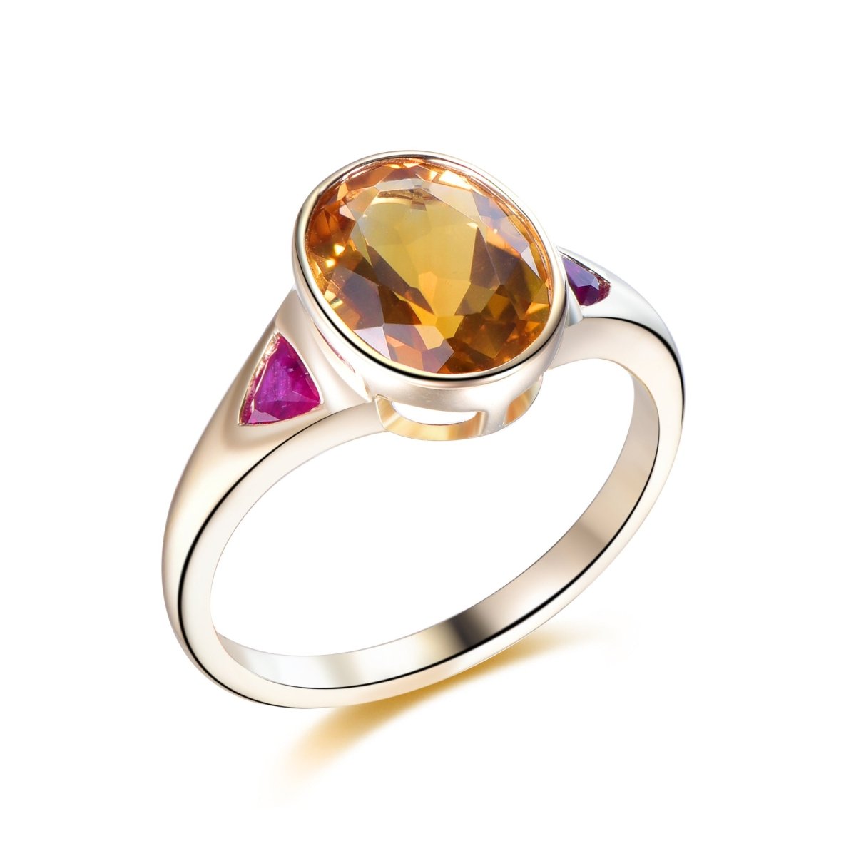 Oval Citrine Trillion Cut Ruby Engagement Ring, 14K Gold/Silver - Lord of Gem Rings