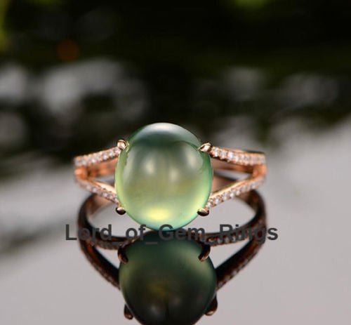 Oval Cut Green Prehnite Diamonds Split Shank Engagement Ring 14K Rose Gold - Lord of Gem Rings