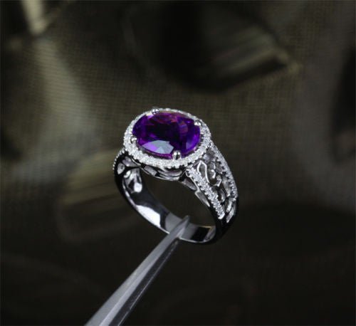 Oval Dark Purple Amethyst Filigree Engagement Ring with Diamond Accents - Lord of Gem Rings