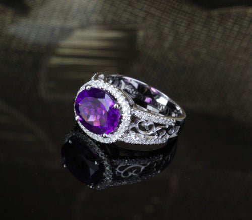 Oval Dark Purple Amethyst Filigree Engagement Ring with Diamond Accents - Lord of Gem Rings