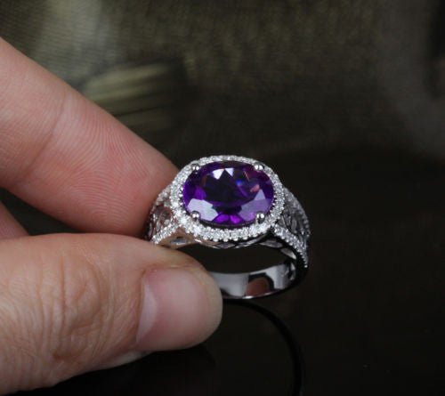 Oval Dark Purple Amethyst Filigree Engagement Ring with Diamond Accents - Lord of Gem Rings