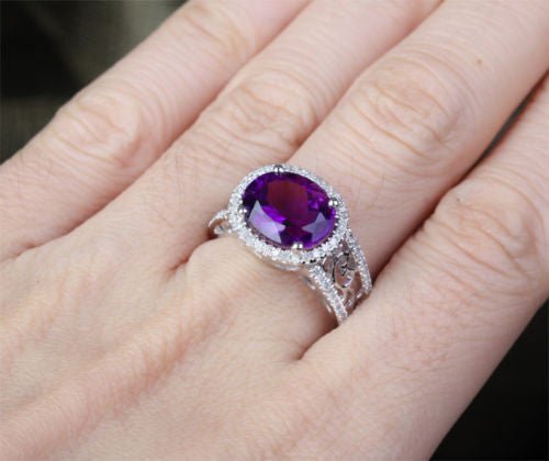 Oval Dark Purple Amethyst Filigree Engagement Ring with Diamond Accents - Lord of Gem Rings