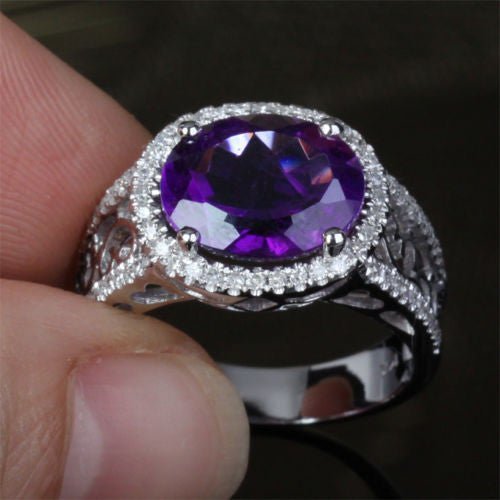 Oval Dark Purple Amethyst Filigree Engagement Ring with Diamond Accents - Lord of Gem Rings