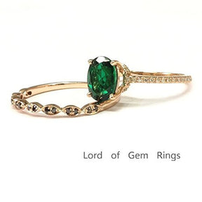 Oval Emerald Black Diamond Band Bridal Set 14K Rose Gold - Lord of Gem Rings