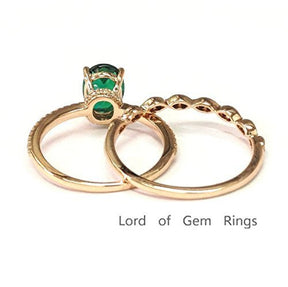 Oval Emerald Black Diamond Band Bridal Set 14K Rose Gold - Lord of Gem Rings
