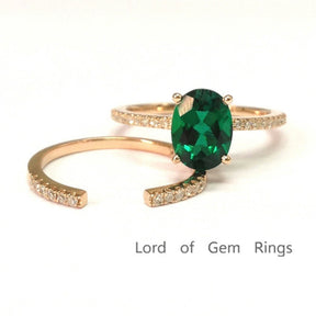 Oval Emerald Ring & Diamond Open End Band Bridal Set 14K Rose Gold - Lord of Gem Rings