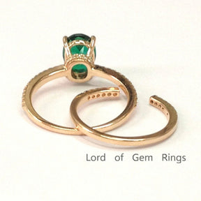 Oval Emerald Ring & Diamond Open End Band Bridal Set 14K Rose Gold - Lord of Gem Rings
