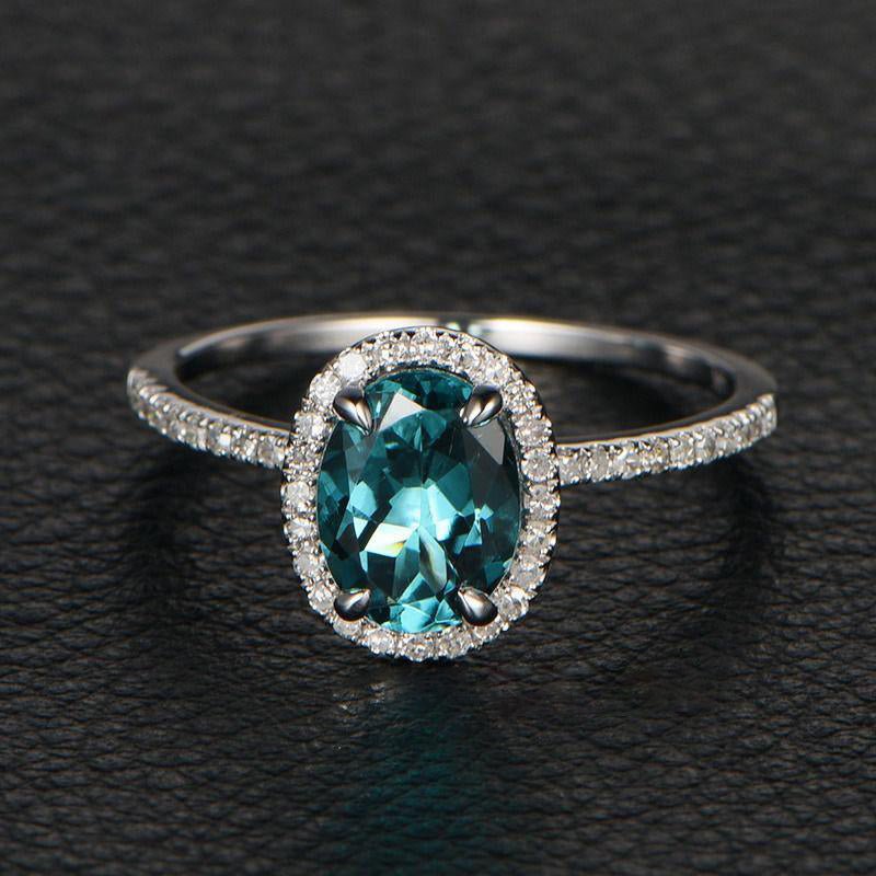 Oval Genuine Blue Tourmaline Diamond Halo Engagement Ring - Lord of Gem Rings