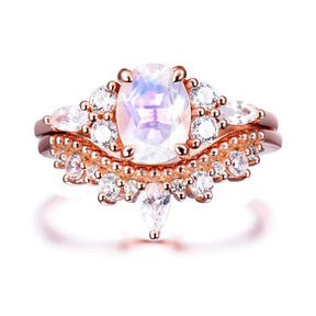 Oval Moonstone Triple Accents Diamond Tiara Band Bridal Set - Lord of Gem Rings