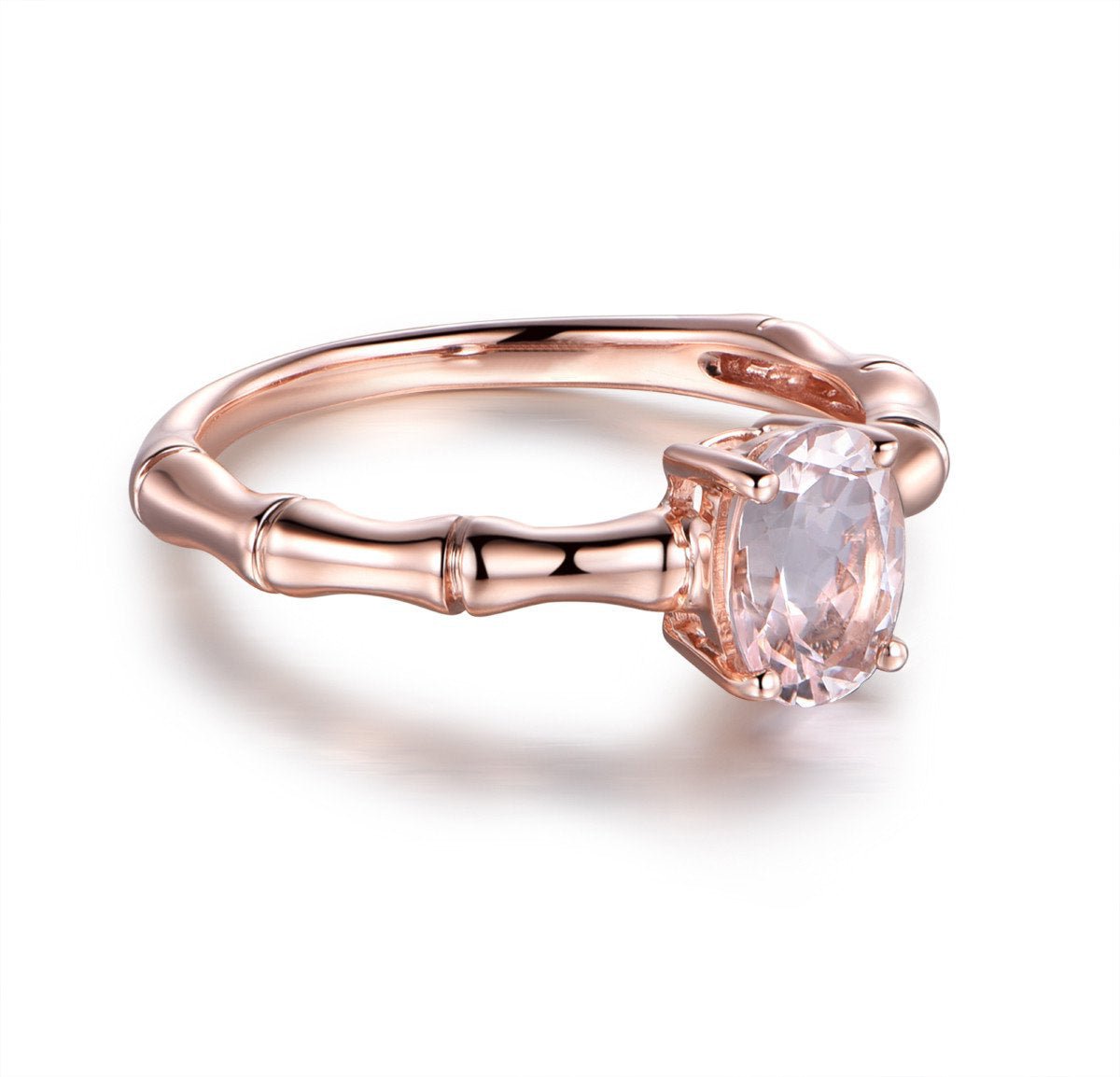 Oval Morganite Bamboo Solitaire Ring 14K Rose Gold - Lord of Gem Rings