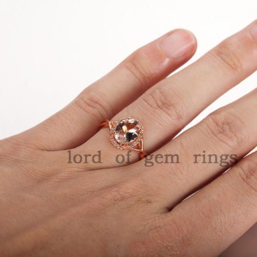 Oval Morganite Crossover Ring Diamond Halo - Lord of Gem Rings