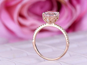 Oval Morganite Diamond Ring Milgrain Under Gallery 14K Rose Gold - Lord of Gem Rings