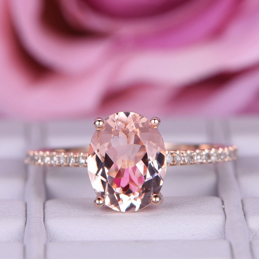 Oval Morganite Engagement Ring Diamond Hidden Halo 14K Rose Gold - Lord of Gem Rings