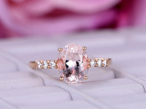 Oval Morganite Engagement Ring Moissanite Accent 14K Rose Gold - Lord of Gem Rings