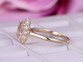 Oval Morganite Engagement Ring Moissanite Halo 14K Yellow Gold - Lord of Gem Rings