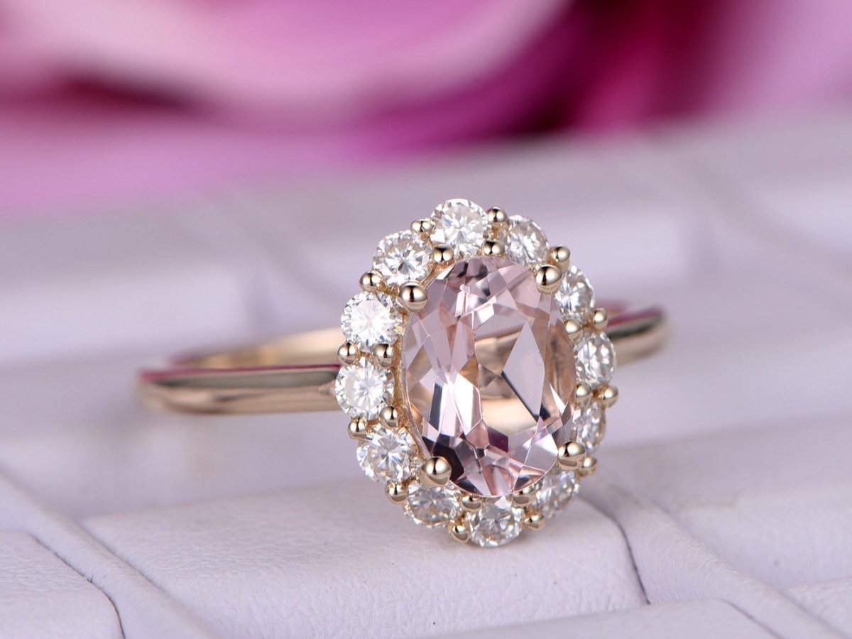 Oval Morganite Engagement Ring Moissanite Halo 14K Yellow Gold - Lord of Gem Rings