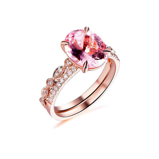 2.5ct Oval Morganite Ring Art Deco Diamond Band Bridal Set