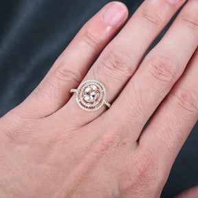 Oval Morganite Ring Diamond Double Halo 14K Yellow Gold - Lord of Gem Rings