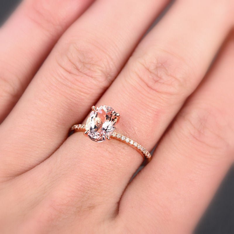 Oval Morganite Ring Full Cut Diamond Accents 14k Rose Gold - Lord of Gem Rings