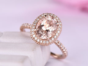 Oval Morganite Ring Milgrain Under Gallery Diamond Halo 14K Rose Gold - Lord of Gem Rings