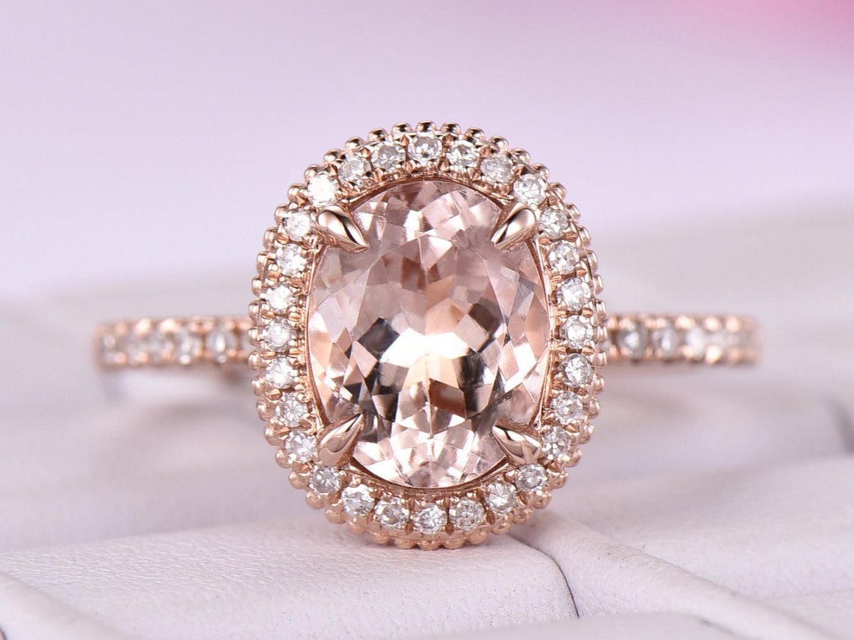 Oval Morganite Ring Milgrain Under Gallery Diamond Halo 14K Rose Gold - Lord of Gem Rings