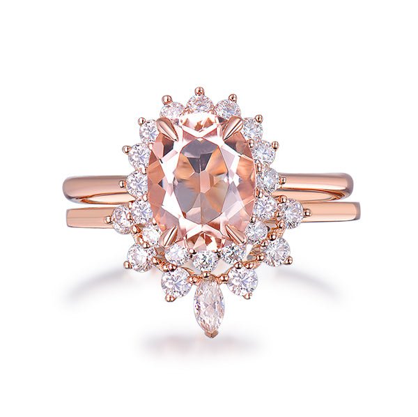 Oval Morganite Tiara Moissanite Bridal Set 14K Gold - Lord of Gem Rings