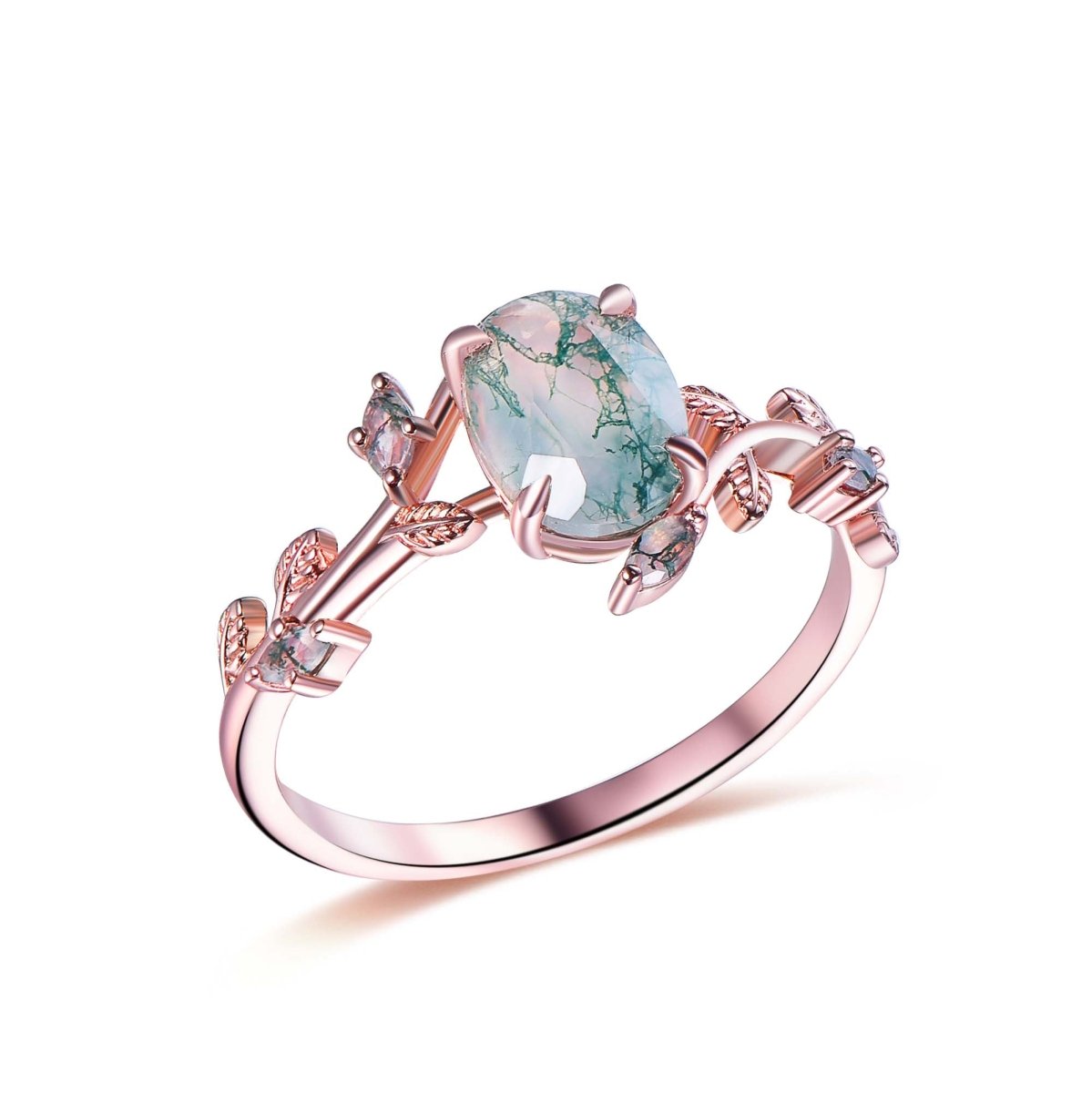 Oval Moss Agate Engagement Vine Ring 14K Gold/Silver - Lord of Gem Rings